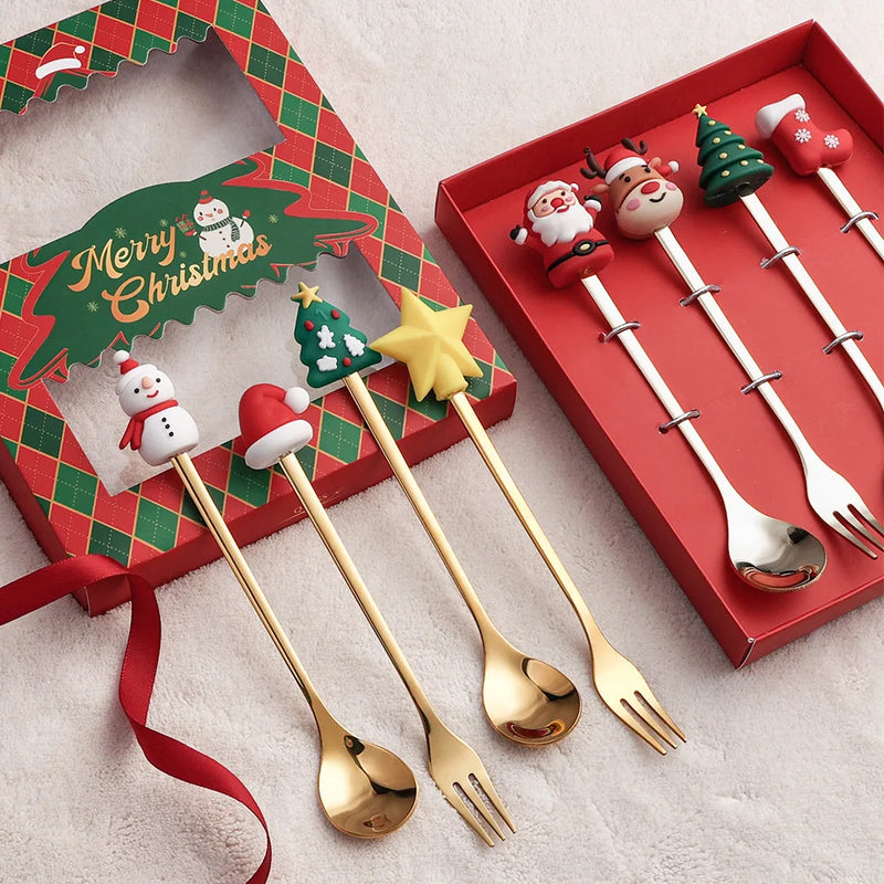 Christmas Dinnerware Stainless Steel With Luxury Gift Box Tableware Desser Fork Coffee Spoon Santa Cutlery For Christmas