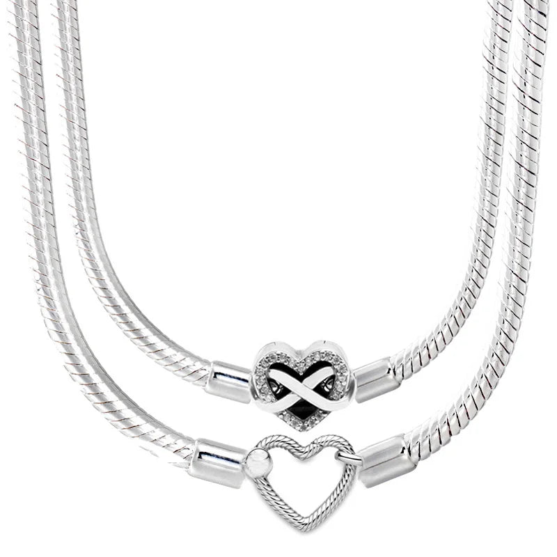 Original Sparkling Infinity Heart Closure Clasp Snake Chain Necklace For 925 Sterling Silver Bead Charm Diy Europe Jewelry