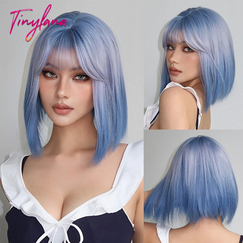 Blue Purple Ombre Cosplay Synthetic Wigs Short Bob Straight Lolita Halloween Hair Wig with Bangs for Women Afro Heat Resistant