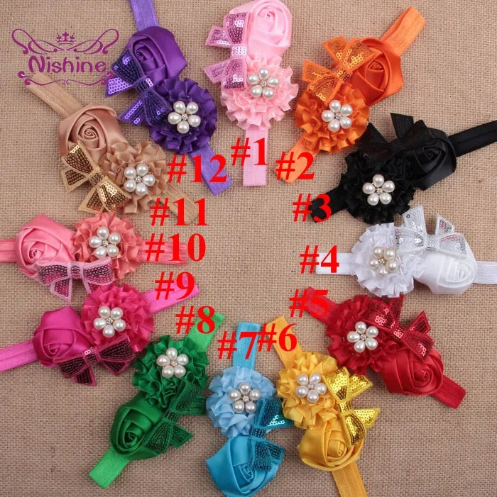 1PCS Baby Girls Flower Headband Rose Bow Pearl Elastic Kids Children Hairbands Hair Accessories Photo Props Headwear