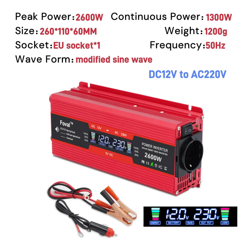 LVYUAN Power Inverter 1500W/2000W/2600W Peak Power LED Display Car Inversor DC12V AC220V High Efficiency