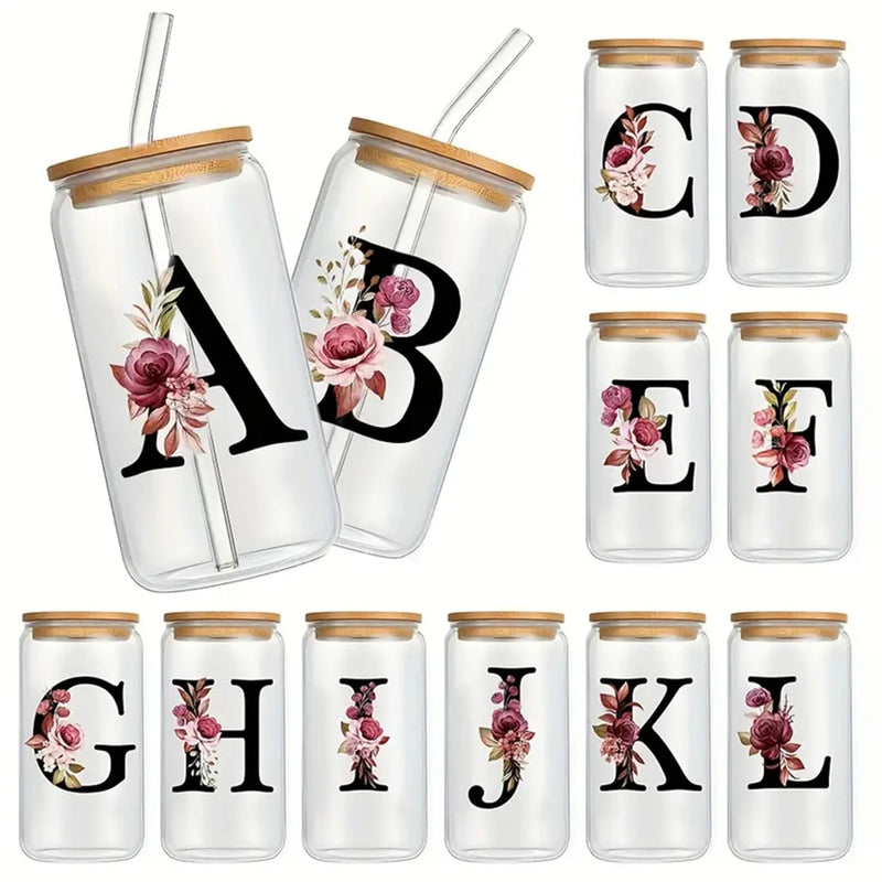 16oz 26 Letters Flower A-Z Coffee Mug Glass Jar With Bamboo Lid And Straw Birthday Gifts For Wedding Home