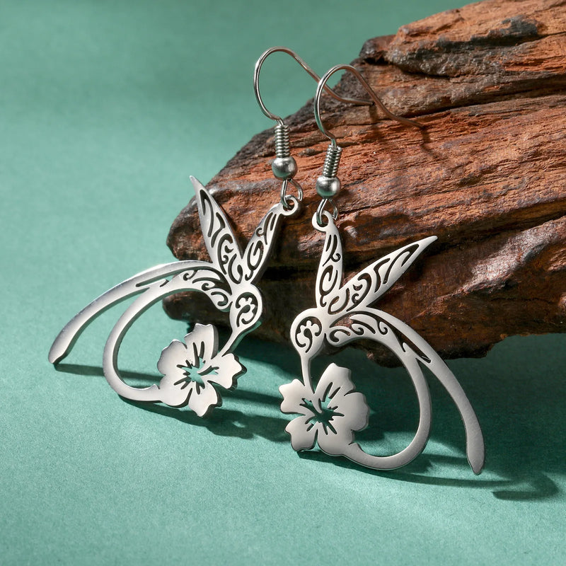 Skyrim Hummingbird Flower Pendant Drop Earring Stainless Steel Gold Color Women's Earrings Animal Jewelry Christmas Gift New In