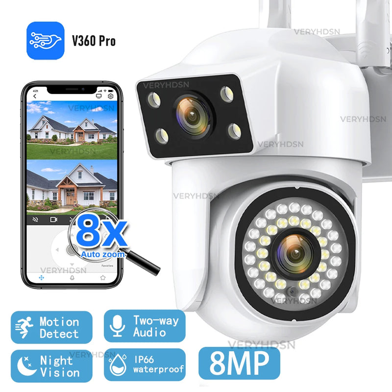 4K 8MP WIFI IP Camera HD PTZ Dual Lens CCTV Surveillance Cameras 8X Digital Zoom Automatic Human Trackin Outdoor IP66 Waterproof