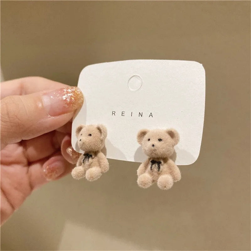 Bear Earrings for Women Girls 2023 Fashion Korea Silver Needle Autumn and Winter Earrings Cute Flocking Rabbit Ear Studs Jewelry