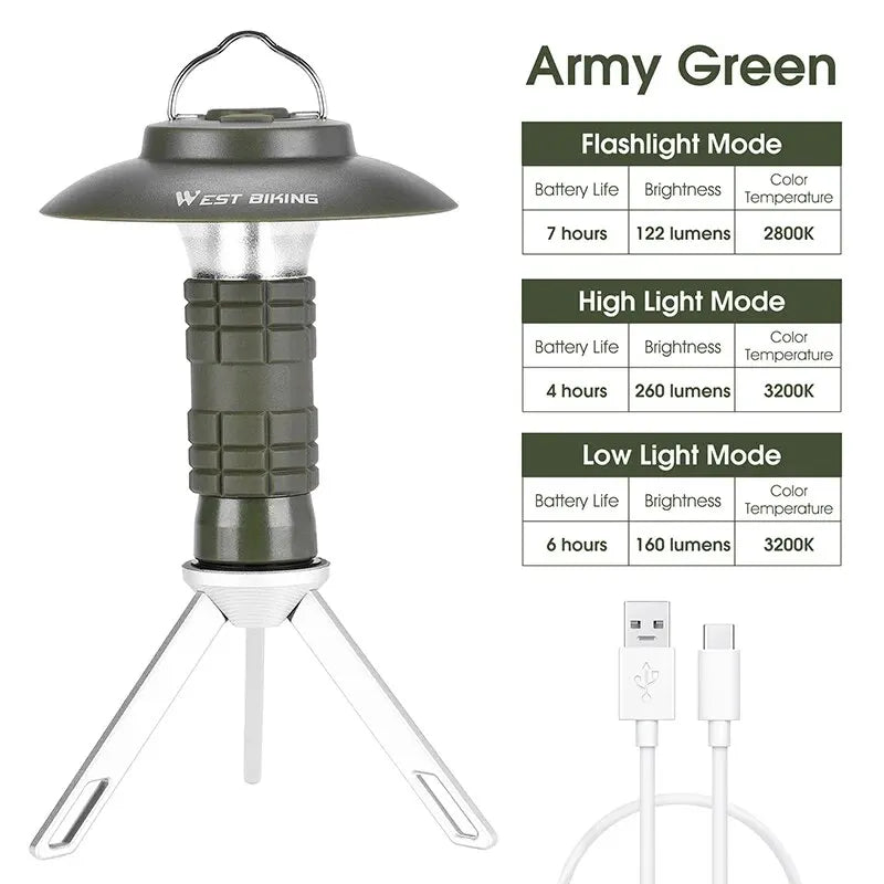 WEST BIKING Portable Camping Light 3 In 1 Multifunctional Outdoor LED Flashlight USB Charging Emergency Lamp Hanging Tent Light