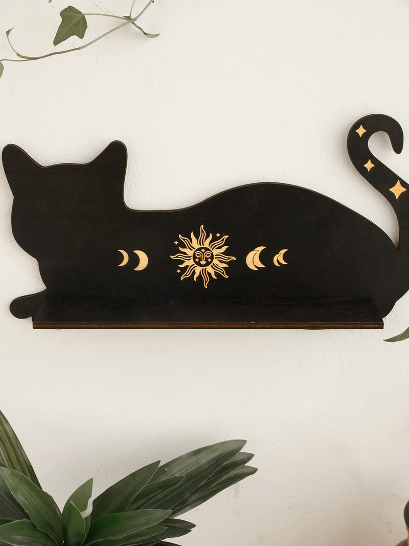 Black Cat Wooden Shelf Moon Phase Chakra Crystal Stone Display Stand Wall Shelf  Witch Home Decor Gothic Room Decor Home Bedroom