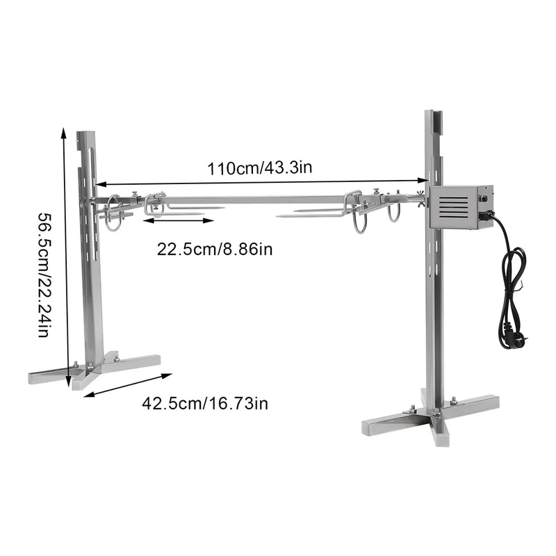 25W Stainless Steel Electric Rotisserie Grill 360-degree Rotation Design Adjustable Height for Outdoor Cooking