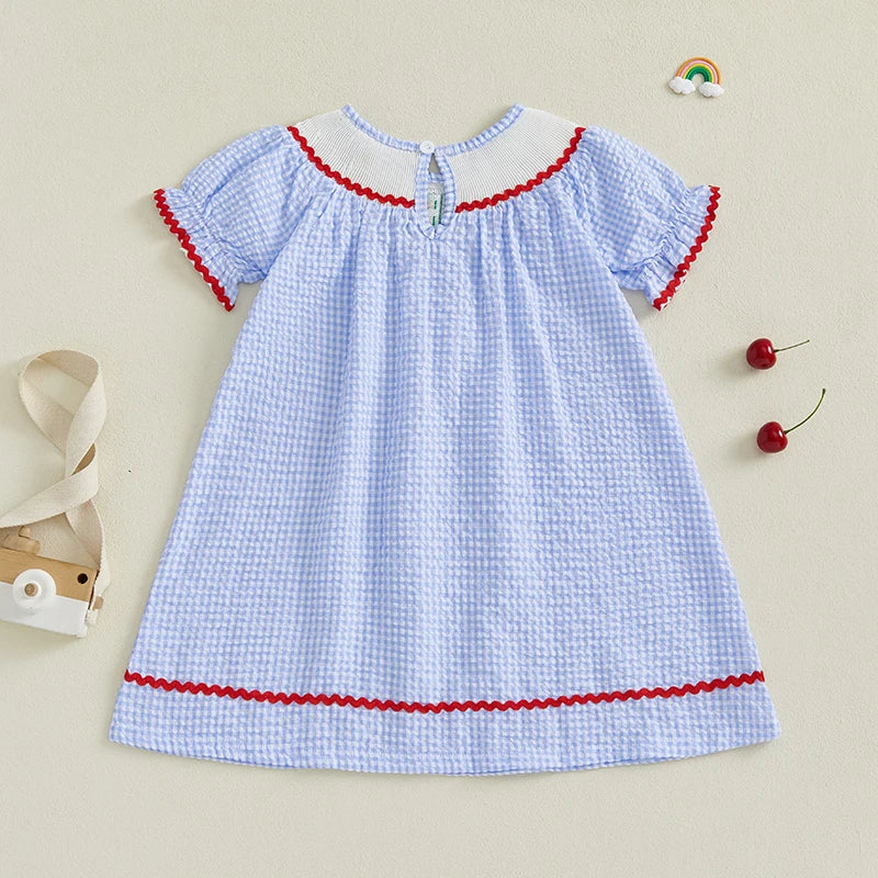 Girls Short Sleeve Plaid Embroidery Dress with Crew Neck Perfect Back-to-School Outfit for Summer Wear