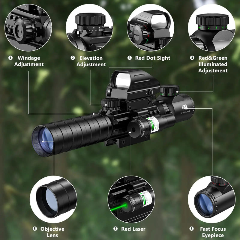 Riflescope 3-9x32 4-in-1 Scope Combo Green Laser Boresighter with Dual Illuminated Optics and 4 Holographic Sight