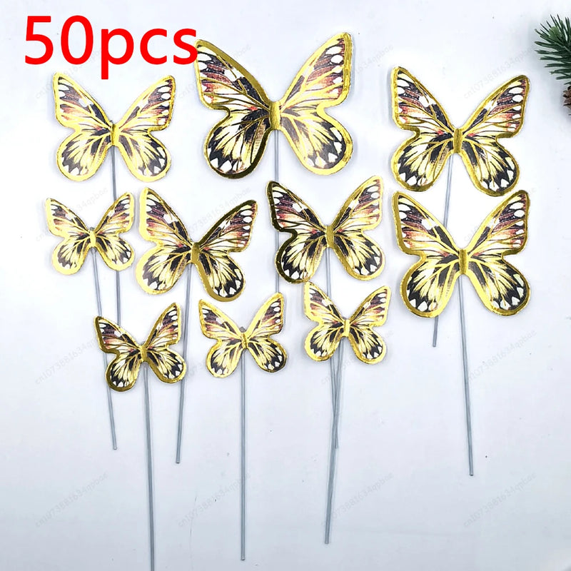 50pcs Butterfly Cake Decoration Gold Pink Butterfly Cake Toppers Birthday Wedding Anniversary Shower Baking Toppers