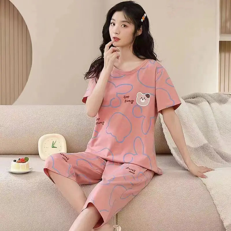 Women Summer Spring Two Pieces Sets Pajamas O-neck Short Sleeve Pant-7 Homewear Girls Big Size Thin Printing Cartoon Soft Cute