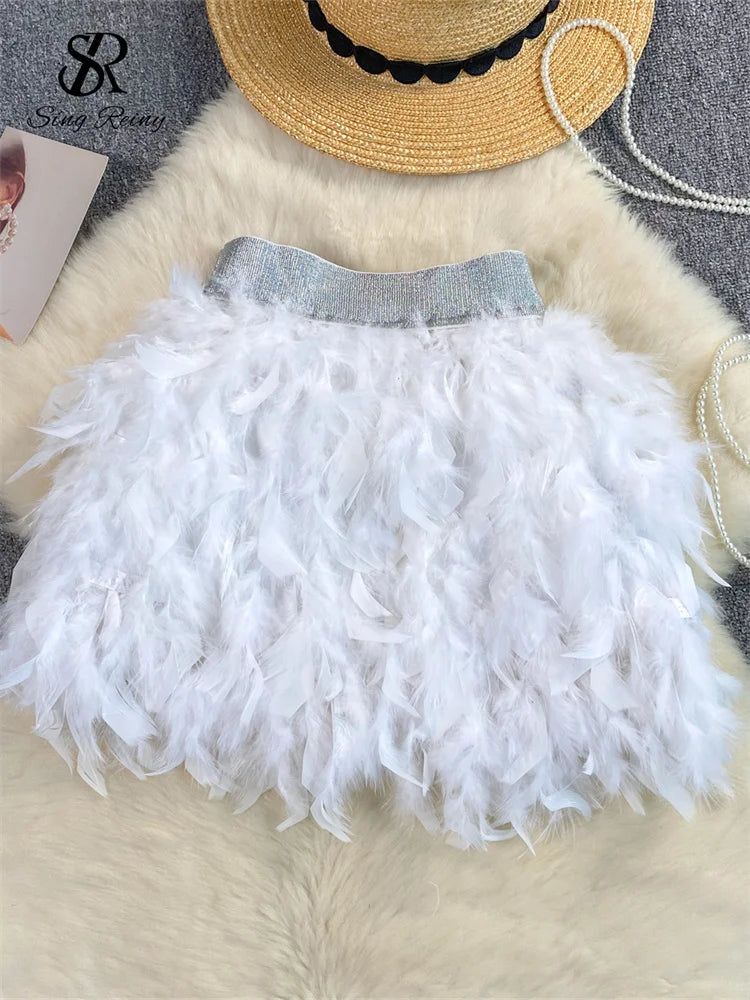 SINGREINY Senior Birthday Party Skirt High Quality Elastic Waist Mini Skirt Fairy Style Sweet Feather Splicing Ball Gown Skirt