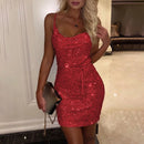 Women Fashion Spaghetti Strap Mini Dress Slip Dress Women Sexy Slim Fit Bodycon Cocktail Party Dress Sequins Short Dress