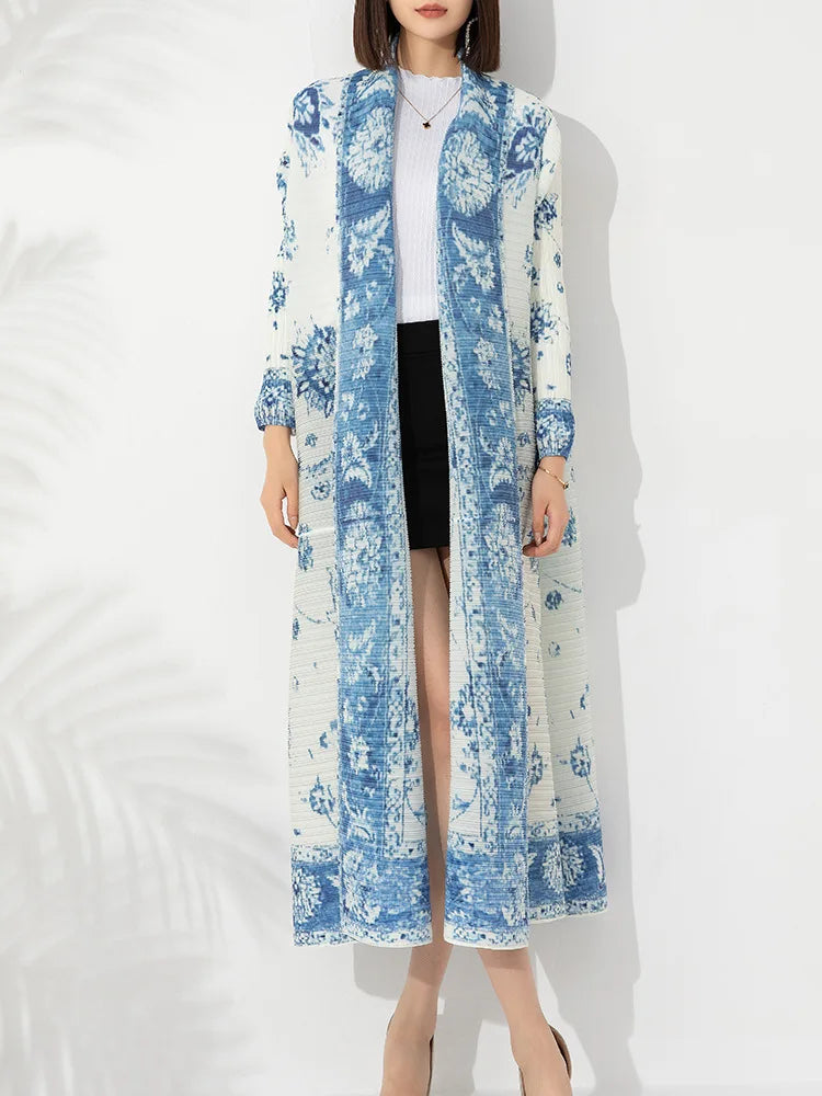 Miyake Fold 2023 Autumn New Fashion Trench Coat Loose Print Cardigan Long Lapel Stretch Coat