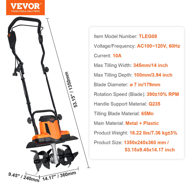VEVOR 12 Amp Electric Tiller, 18" Tilling Width 3.94" Tilling Depth Corded Electric Tiller/Cultivator, Steel Mn Tines, Rototille