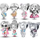 Silver Plated Boy Girl Couple Lovers Beads Charms Zirconium Dangle Fit Original Pandora Bracelet Necklace Jewelry Women