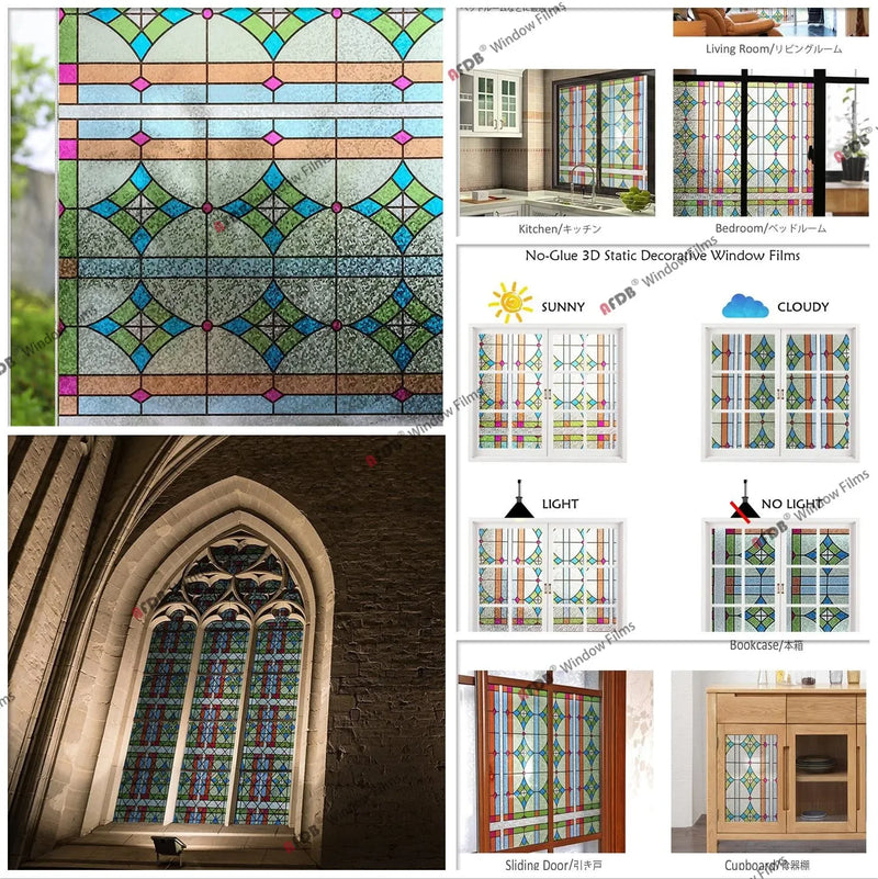 Stained Decorative Window Film Frosted Privacy Window Sticke Non Adhesive Static Cling Vinyl Glass Film UV Blocking Removable