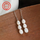New Fashionable Baroque Freshwater Pearl Earrings. Simple, Elegant And Versatile Long Three-bead Earrings.