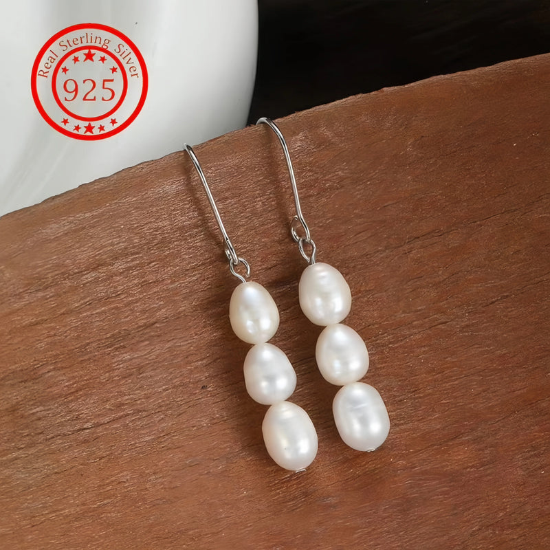 New Fashionable Baroque Freshwater Pearl Earrings. Simple, Elegant And Versatile Long Three-bead Earrings.