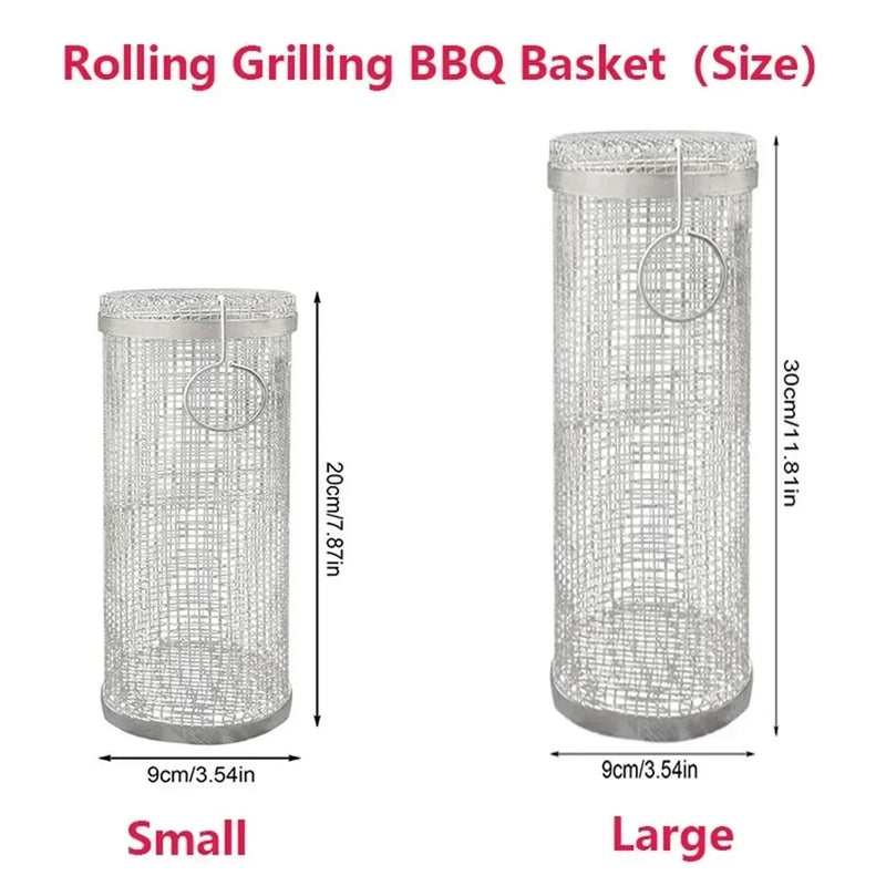 New Rolling Grilling BBQ Basket Stainless Steel Leakproof Mesh Barbecue Rack Outdoor Picnic Camping Simple Cylindrical BBQ Grill