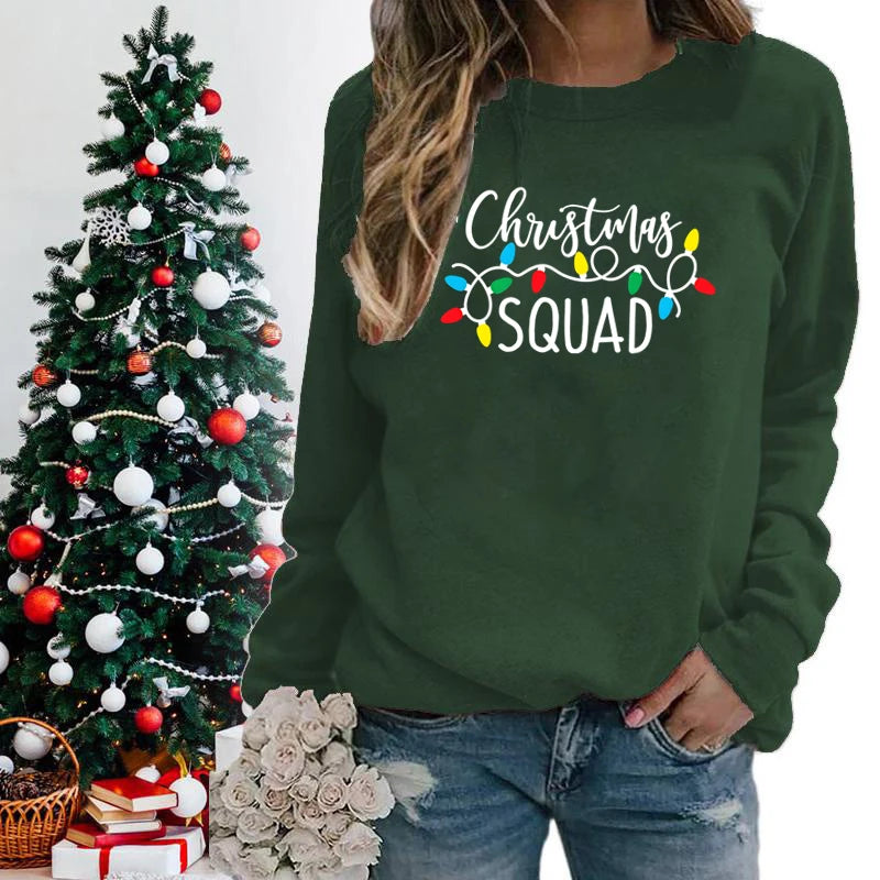 Christmas Lights Christmas Squad Print Crew Neck Sweatshirts Fashion Print Women Christmas Casual Sweatshirts Xmas Gifts