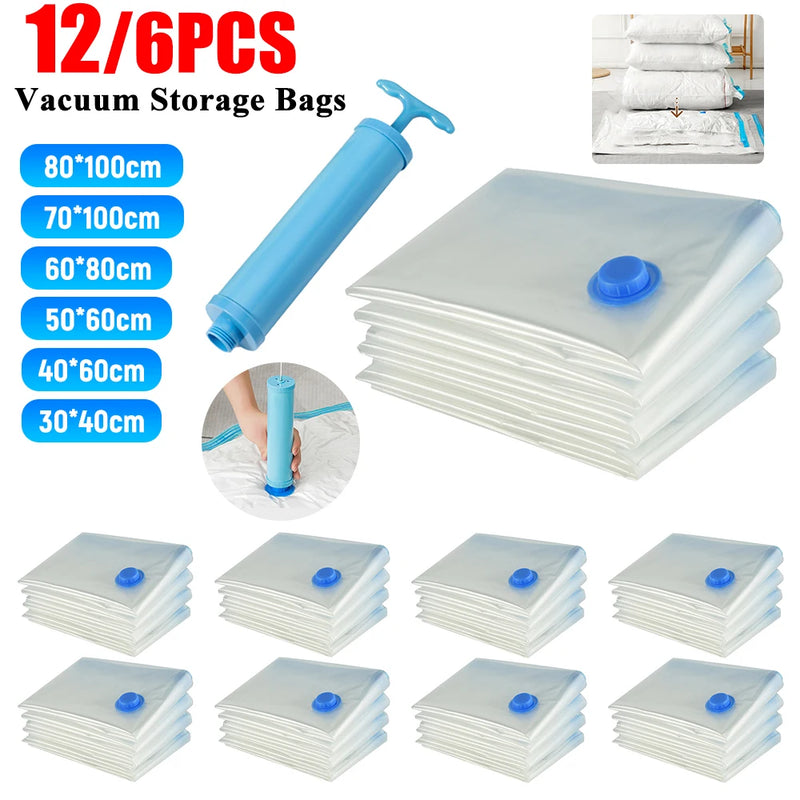 6/12PCS Hanging Vacuum Storage Bags Space-saving Compression Storage Bag with Hand Pump for Blankets Clothes Quilt Vacuum Pack