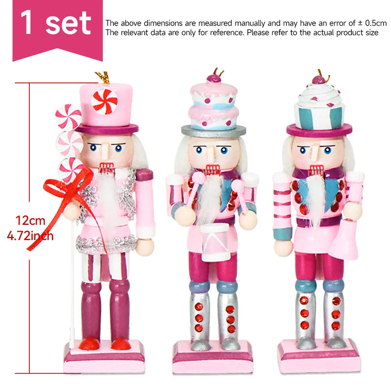 3Pcs 12cm Cartoons Nutcracker Puppet Ornaments Desktop Decoration Soldiers Band Dolls Pink Cake Candy Style Christmas Gift