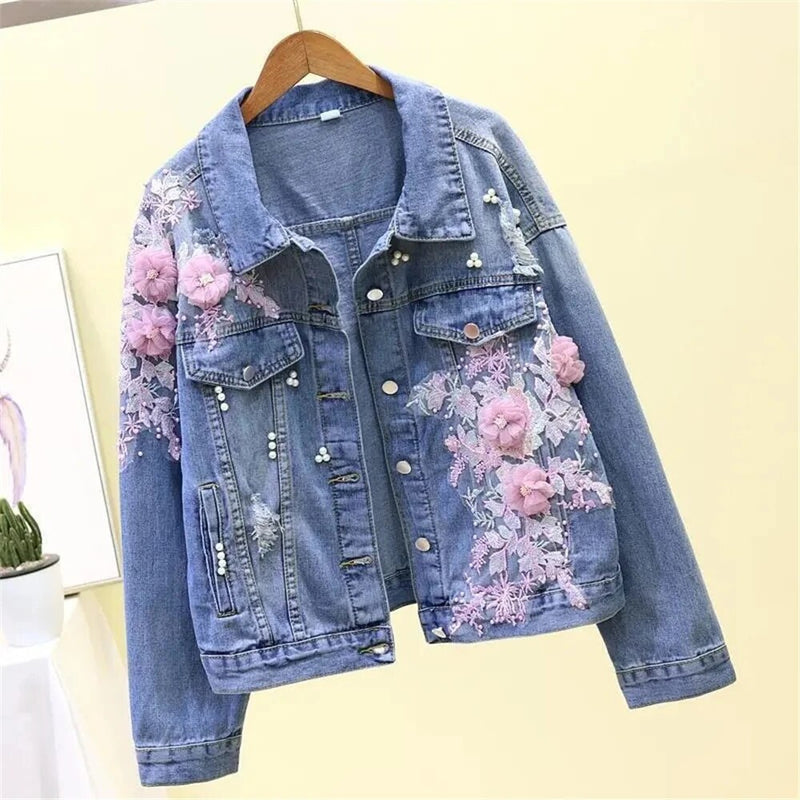 Autumn women embroidered three-dimensional flower short wash long-sleeved denim jacket light blue female jeans jacket C3
