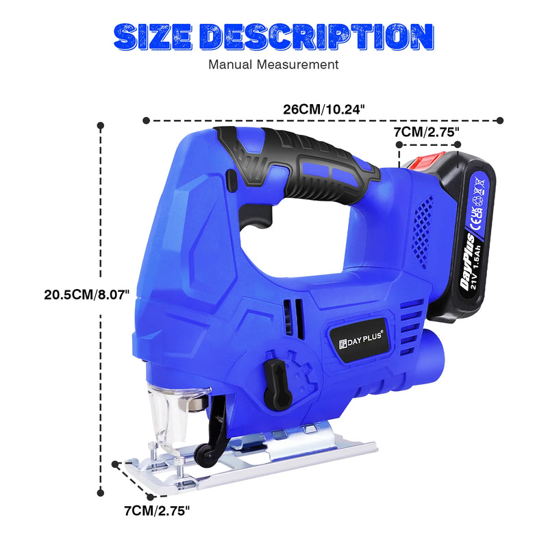 DayPlus 3000RPM Cordless Jigsaw 21V Electric JigSaw Brushless Motor Portable Multi-Function Power Tool for Wood Metal Cutting