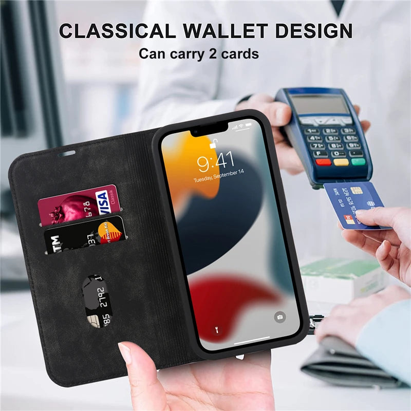 RFID Wallet Card Holder Macsafe Leather Flip Case for Magsafe IPhone 14 Plus 13 12 15 Pro Max 14Pro 15Pro Mac Safe Stand Cover
