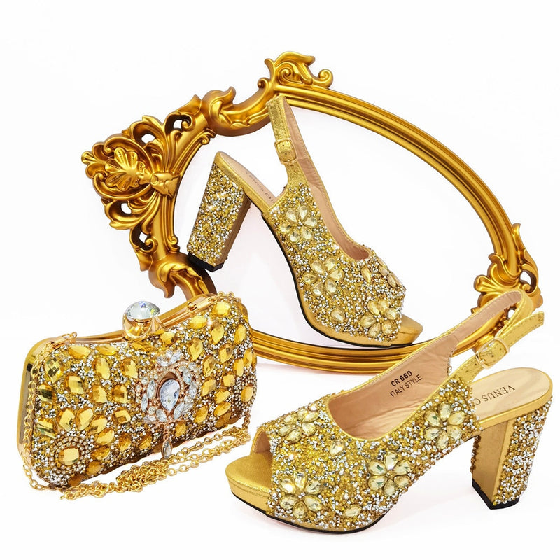 Venus Chan 2022 Nigerian Summer Hot Sale Luxury Fashion Ladies High Heel Slippers and Bags Set with Rhinestones for Wedding