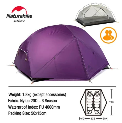 Naturehike Mongar Tent Camping Tent 2 Person Ultralight Professional Waterproof & Windproof Backpack Tent 20D Nylon Travel Tent