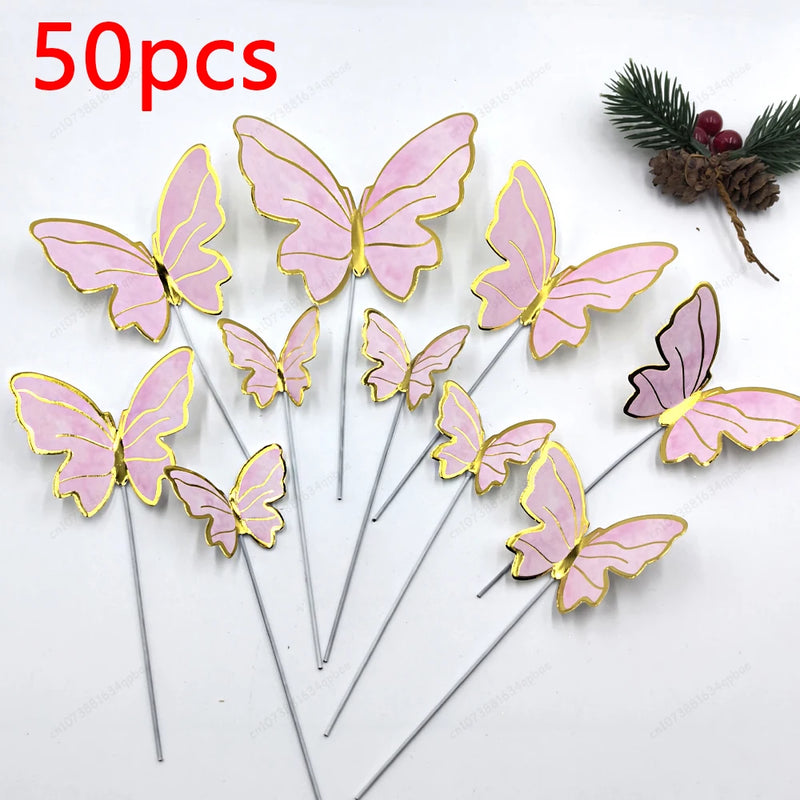 50pcs Butterfly Cake Decoration Gold Pink Butterfly Cake Toppers Birthday Wedding Anniversary Shower Baking Toppers