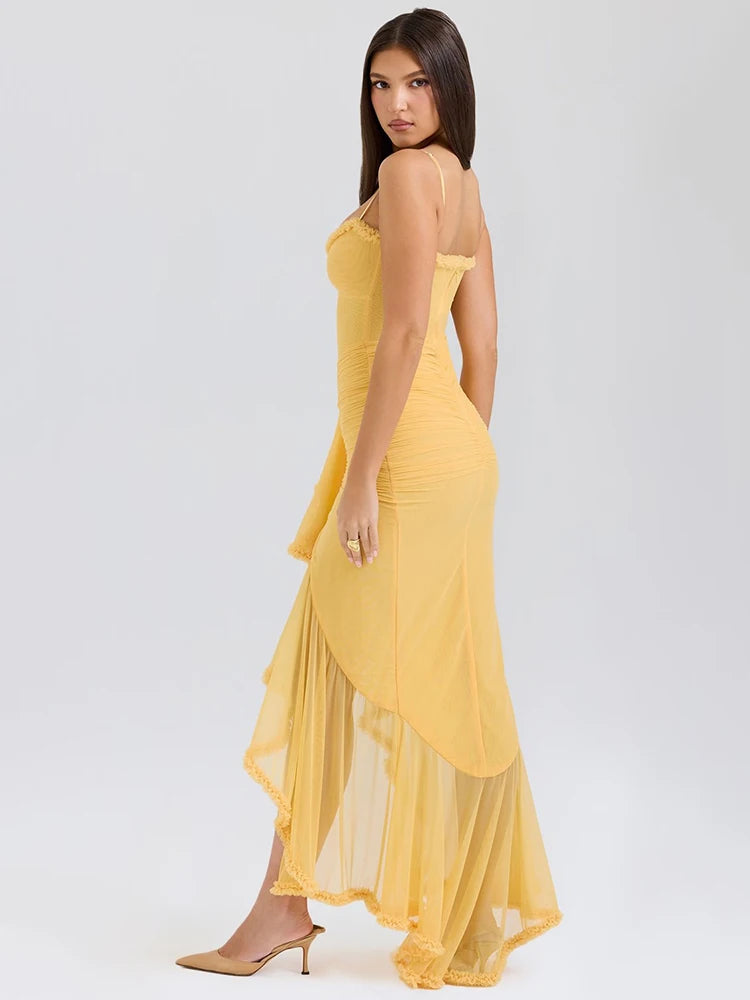 Mozision Ruffled Draped Ruched Sexy Maxi Dress For Women Yellow Spaghetti Strap Sleeveless Backless Club Party Sexy Long Dress