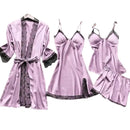 4 Piece Set Women's Pink Satin And Lace Trimmed Pajama Set Home Sleepwear V-Neck Tank Top Pajamas Sleepwear Set Lace Nightgown
