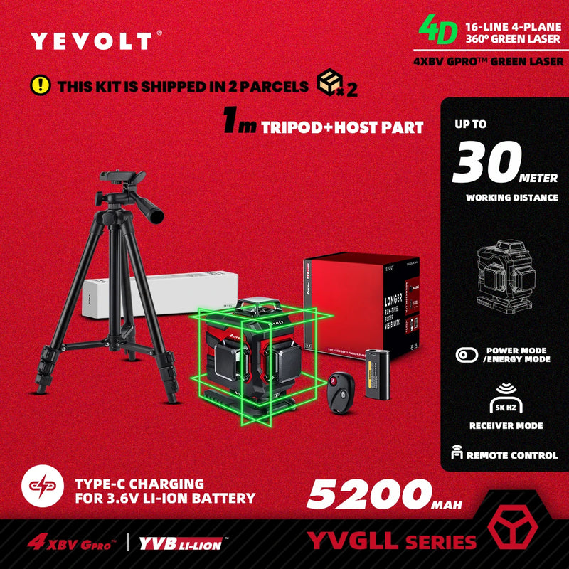 YEVOLT Laser Level Green Beam 4-Plane 16-Line Self-leveling 360 3D Ground-Hugging Horizontal & Vertical Tile Measuring Tools