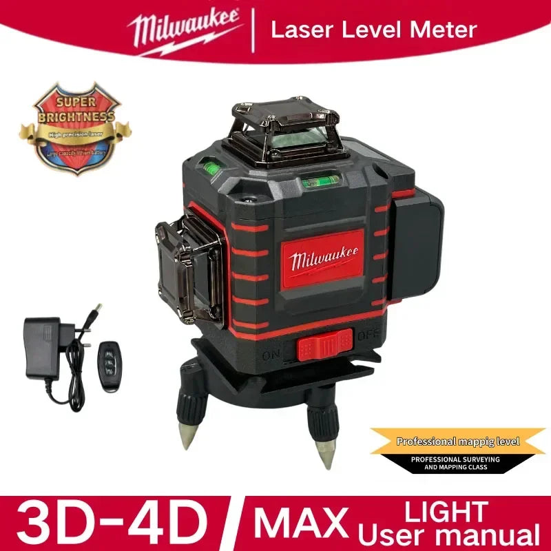 Milwaukee 3-4D Laser Level Green Beam 16 Lines Self-leveling Vertical Cross Line Laser level Rechargeable battery Tools