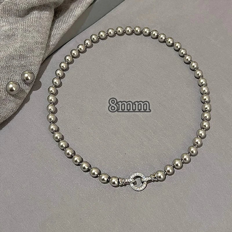 ANENJERY 6/8/10MM Gray Imitation Pearl Beads Chain Necklace for Women 2024 Trend Elegant Lady Necklace Jewelry Gifts