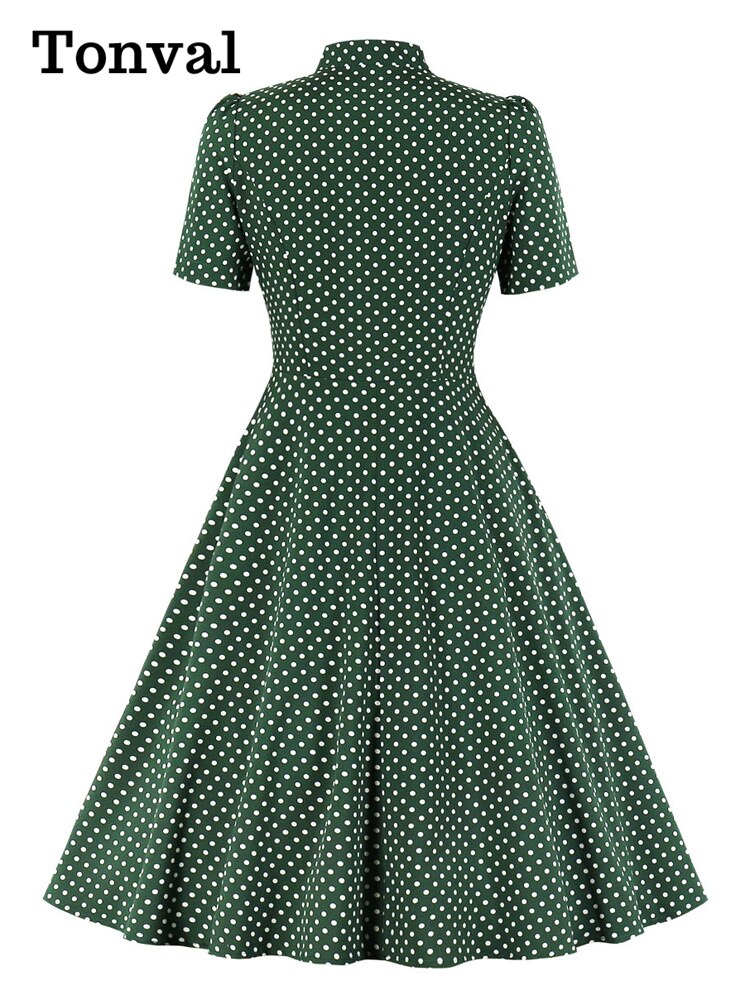 Tonval Bow Tie Neck Button Front Polka Dot Pinup 50s Vintage Shirt Dresses Women A-Line Summer Female Elegant Green Dress