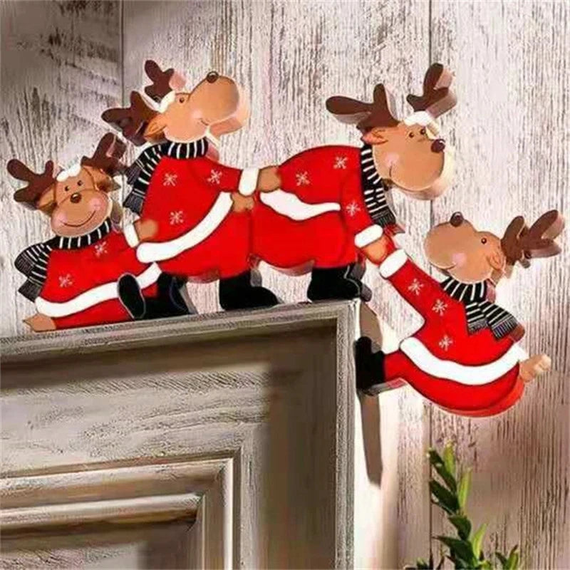 Wooden Christmas Door Frame Hanging Ornament Santa Claus Elk Angel Wood Pendant Crafts for Home Restaurant New Year Decor Gifts