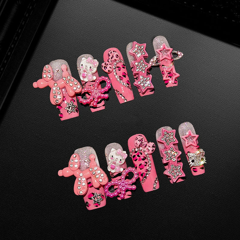 10Pcs Y2K Spicy Girl Long Coffin Handmade Press On Nails 3D Sanrio Hello Kitty Bear Pearl Diamond Pentagram Wearable False Nail