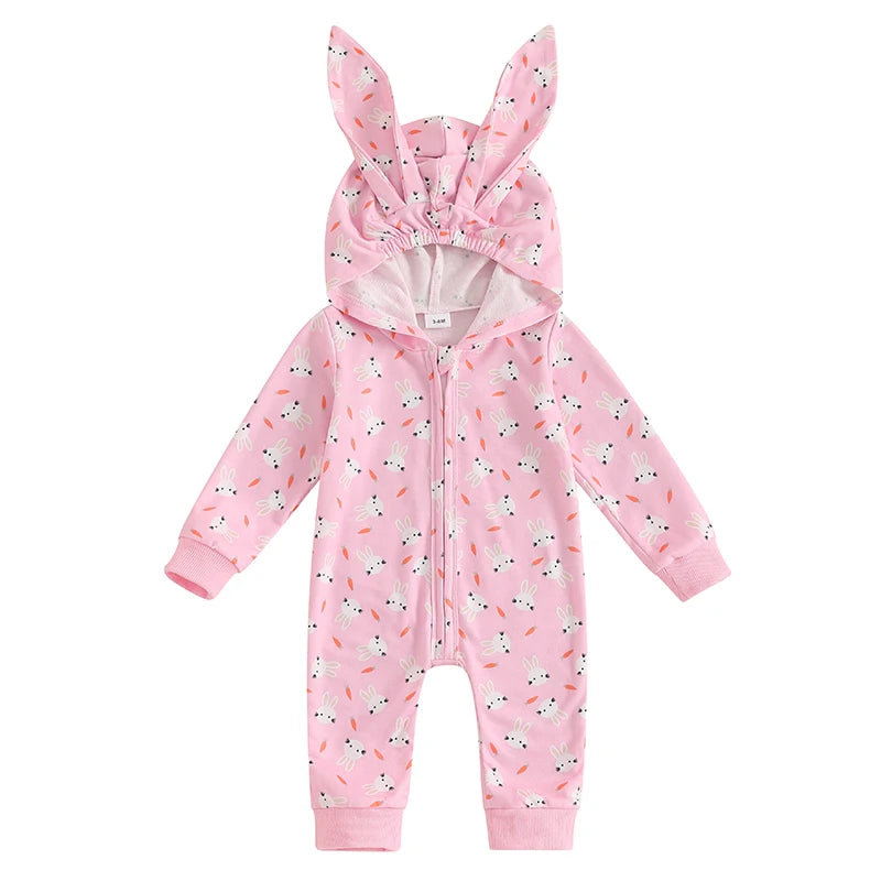 Adorable Toddler Easter  with Cute Bunny Ear Hood and Easter Egg Print - Long Sleeve Baby Romper for Spring Festivities