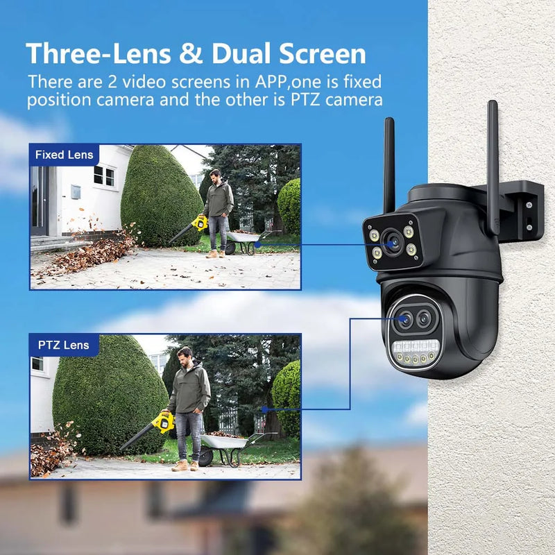 12MP 6K WiFi Camera Outdoor Three Lens Dual Screens 8X Zoom CCTV Mini Video Cam Auto Tracking Security Protection Surveillance