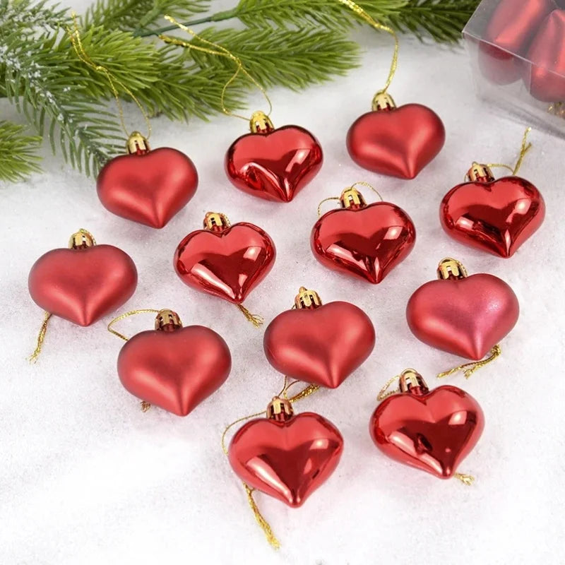 12pcs/box Heart Shaped Hanging Ornaments For Valentine's Day Christmas Pendant Xmas Tree Ball Navidad New Year Xmas Party Decor