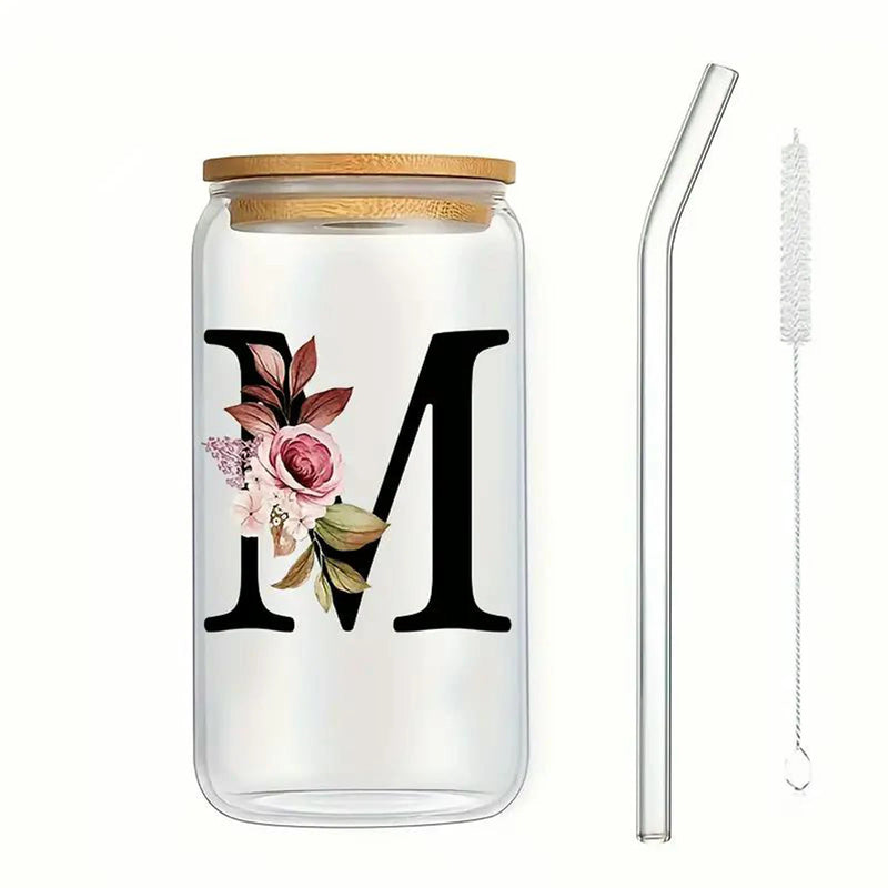 16oz 26 Letters Flower A-Z Coffee Mug Glass Jar With Bamboo Lid And Straw Birthday Gifts For Wedding Home