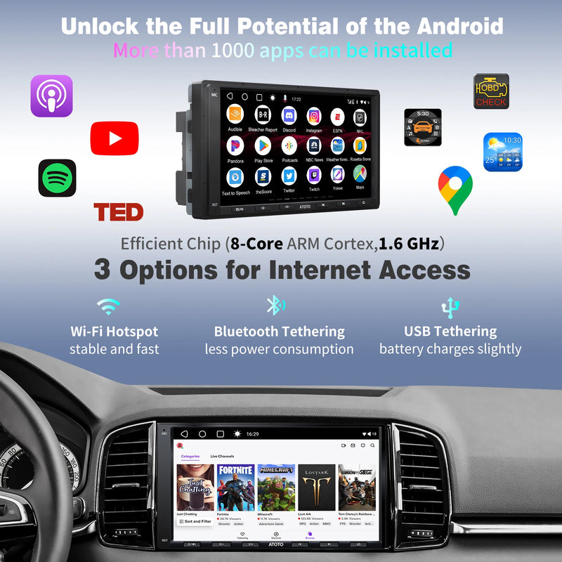 ATOTO Android 7 Inch Car Stereo Wireless CarPlay/Android Auto 1024x600 HD Screen GPS DVR Input Backup Camera Bluetooth FM WiFi