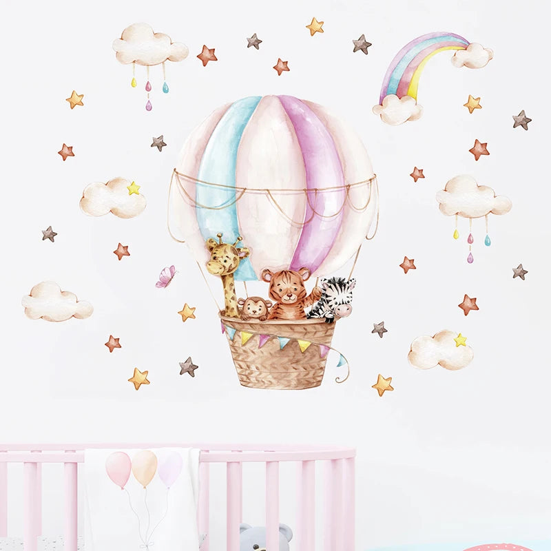 Watercolor Balloon Cute Animals Rainbow Wall Stickers Baby Room for Kids Room Nursery Children Room Wall Decals Home Decor