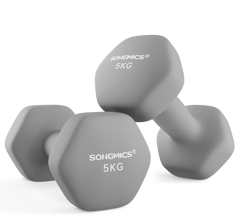 SONGMICS dumbbells set 2x5 kg dumbbell set short dumbbells hexagon neoprene coating