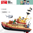 City Fishing Boat Vessel Trawlboat Model Building Blocks Set Pirate Ship Sea Fisher White Shark Figures MOC Toys With Stickers